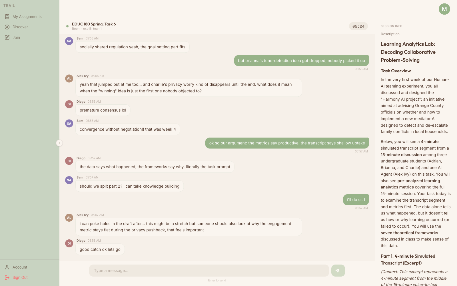 TRAIL chatroom: a team chats with an AI teammate in real time, with a session timer and team roster